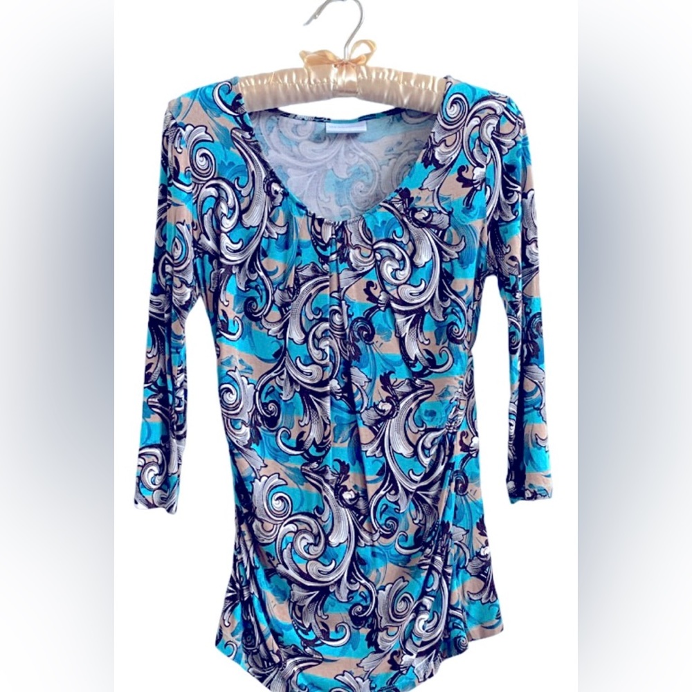 New York & Company Quarter-Sleeve Turquoise/Beige Blouse